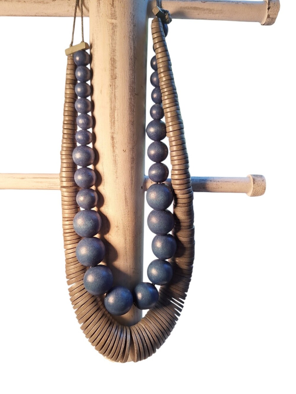 Fabulous Chunky statement beaded necklace Blue & Gray Bohemian Wooden Festival